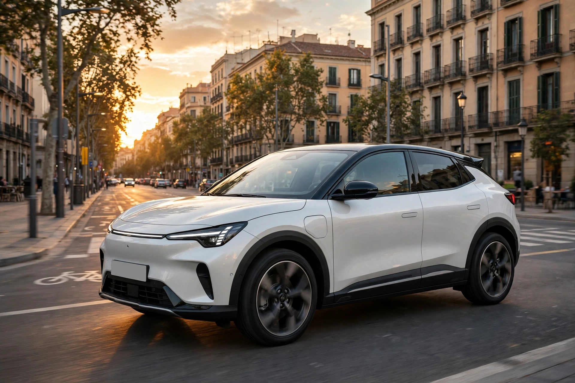 SUV eléctrico compacto blanco perla de diseño urbano moderno circulando por una avenida española al atardecer