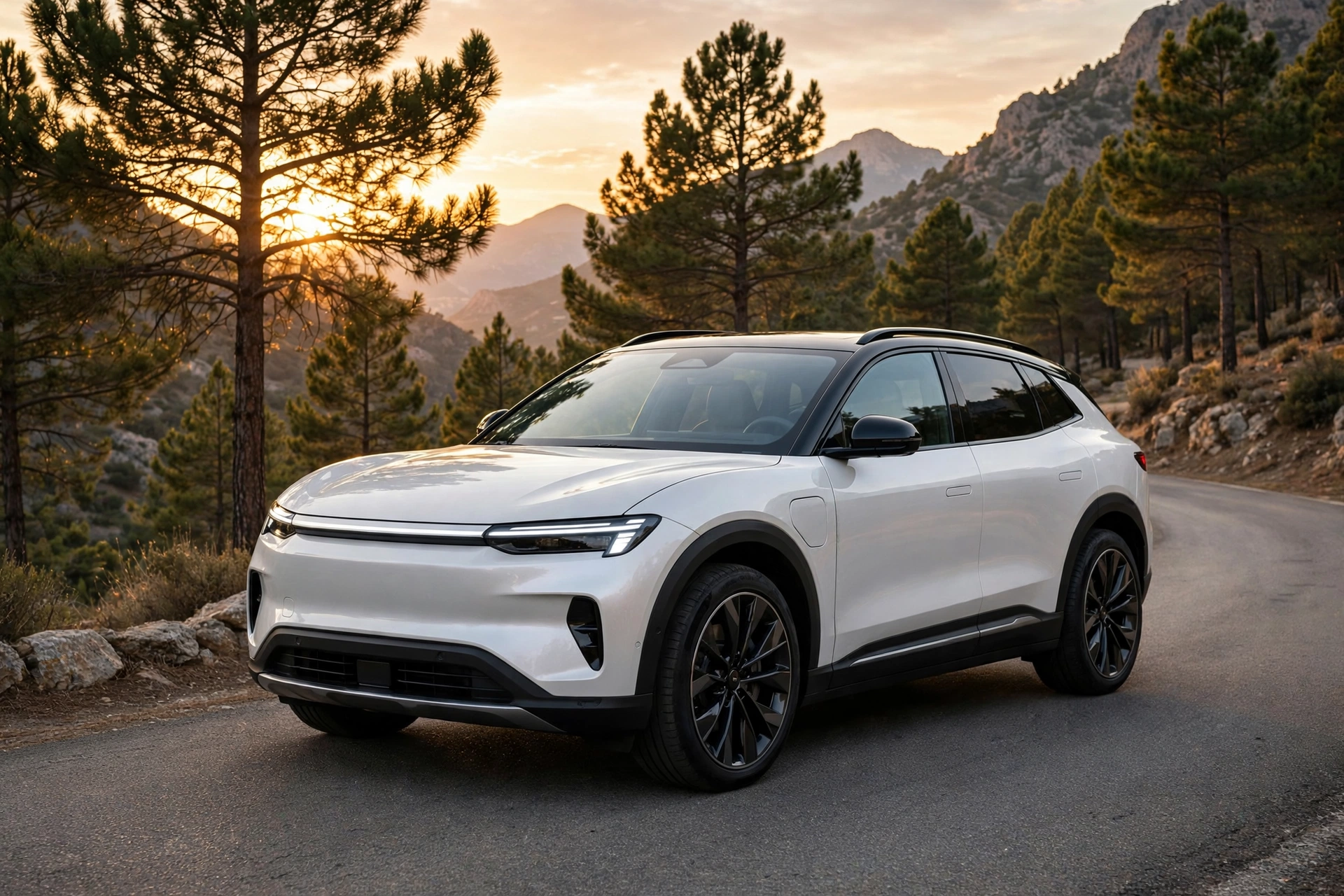 SUV familiar eléctrico blanco circulando por una carretera de montaña española entre pinares al atardecer