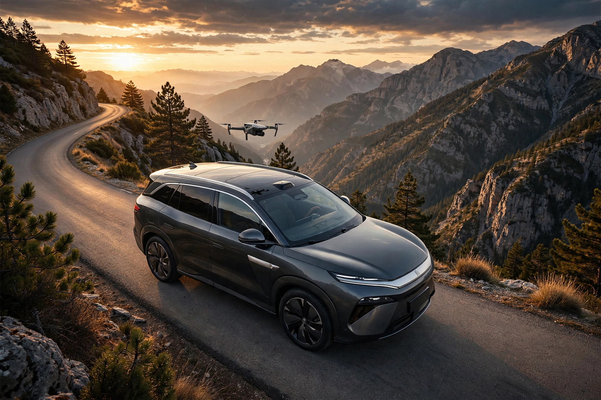 BYD Tang L con un dron DJI volando sobre su techo en una carretera de montaña al atardecer