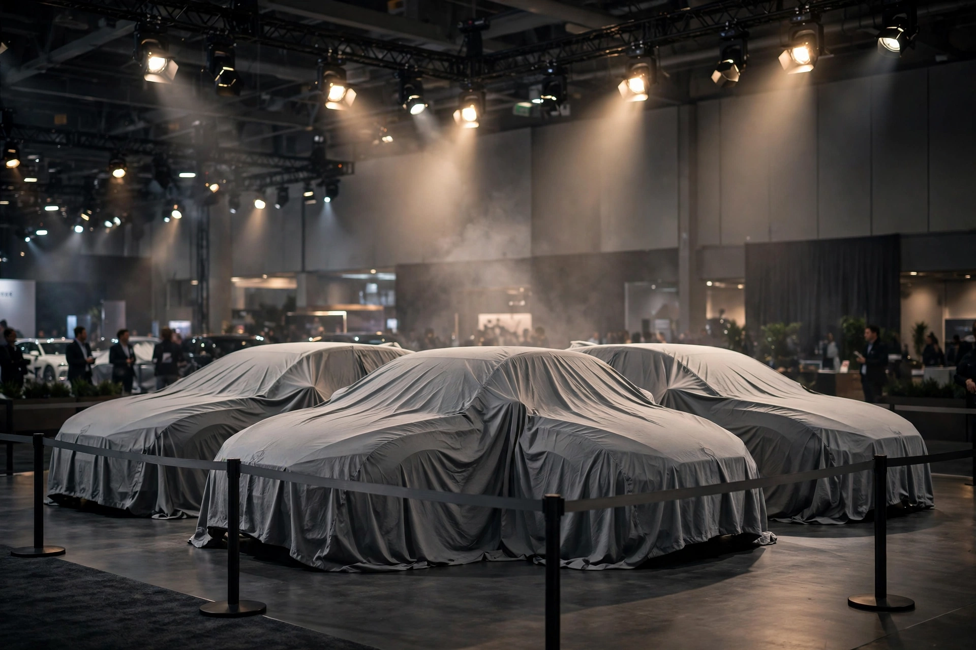Coche nuevo cubierto con una lona en una presentación con focos, ambiente de evento del motor