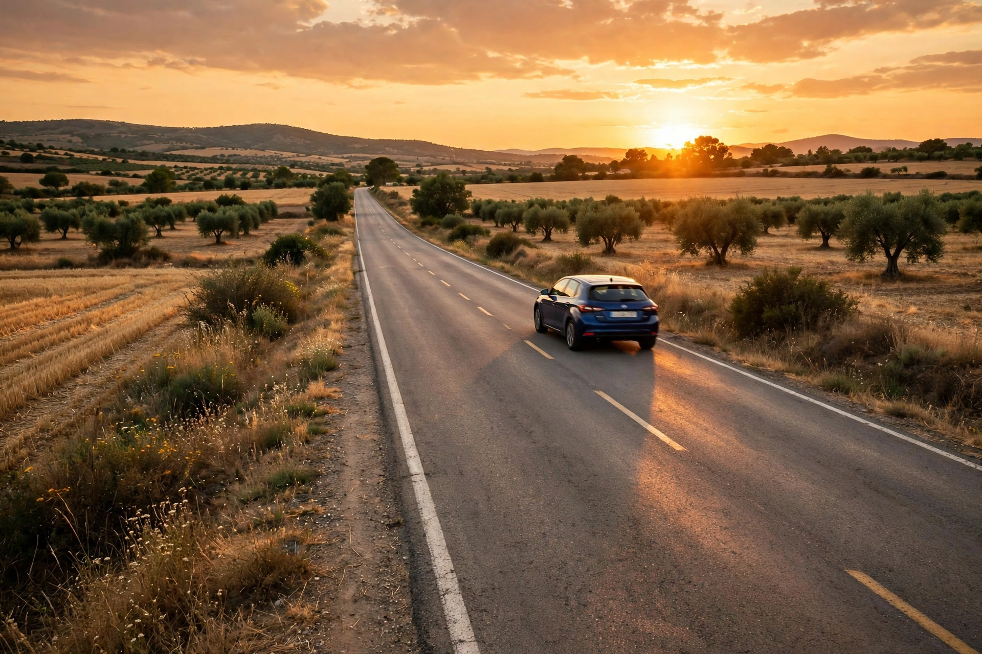 Carretera convencional española al atardecer, en buen estado de conservación
