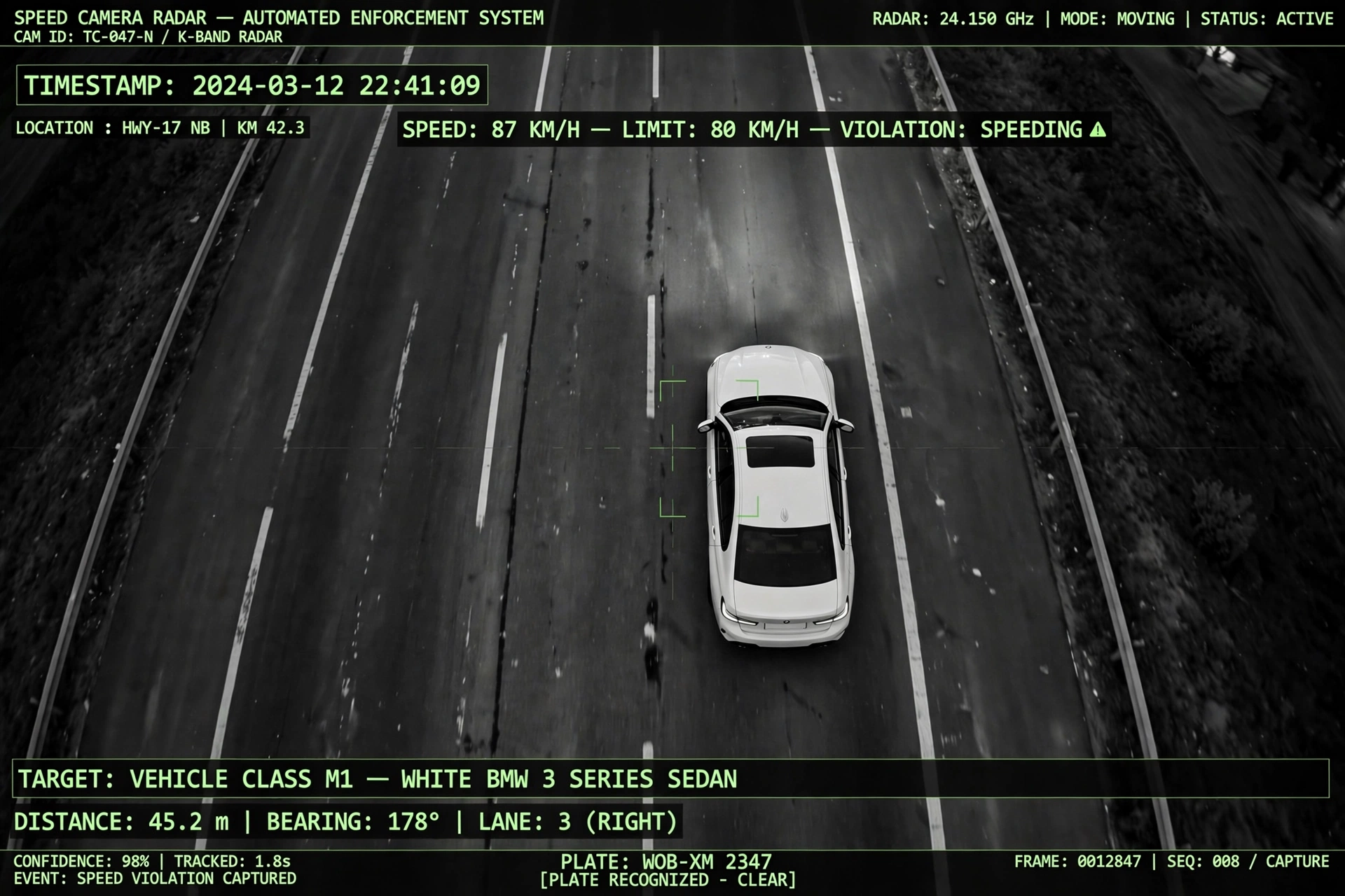 BMW captado por radar en autopista de noche