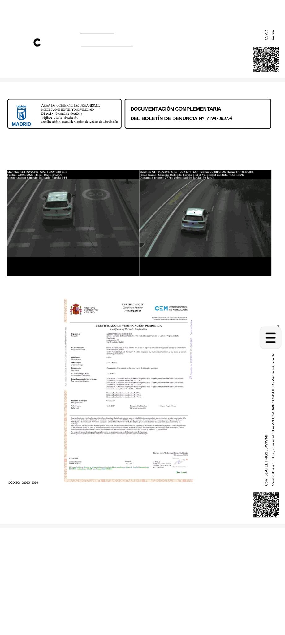 Boletín de denuncia real con fotos de radar, Madrid