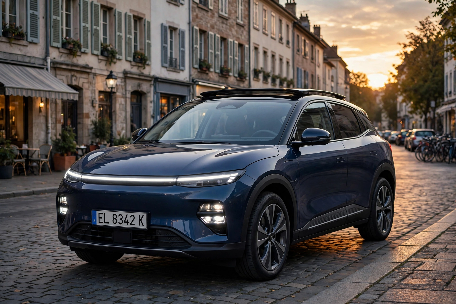 Changan E06, SUV eléctrico compacto azul oscuro, en una calle europea al atardecer