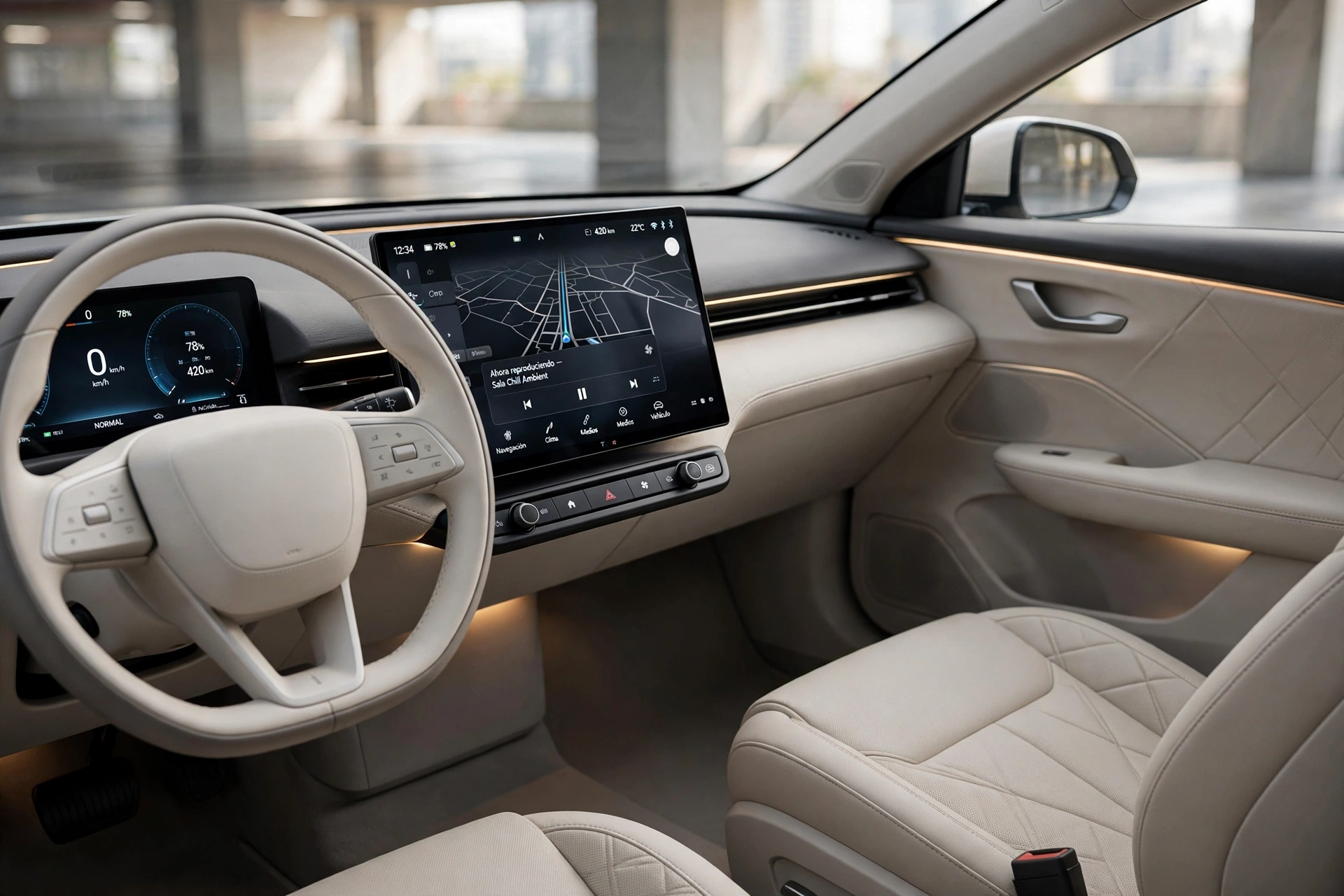 Interior del Changan E06 con pantalla central de 15,6 pulgadas y botones físicos