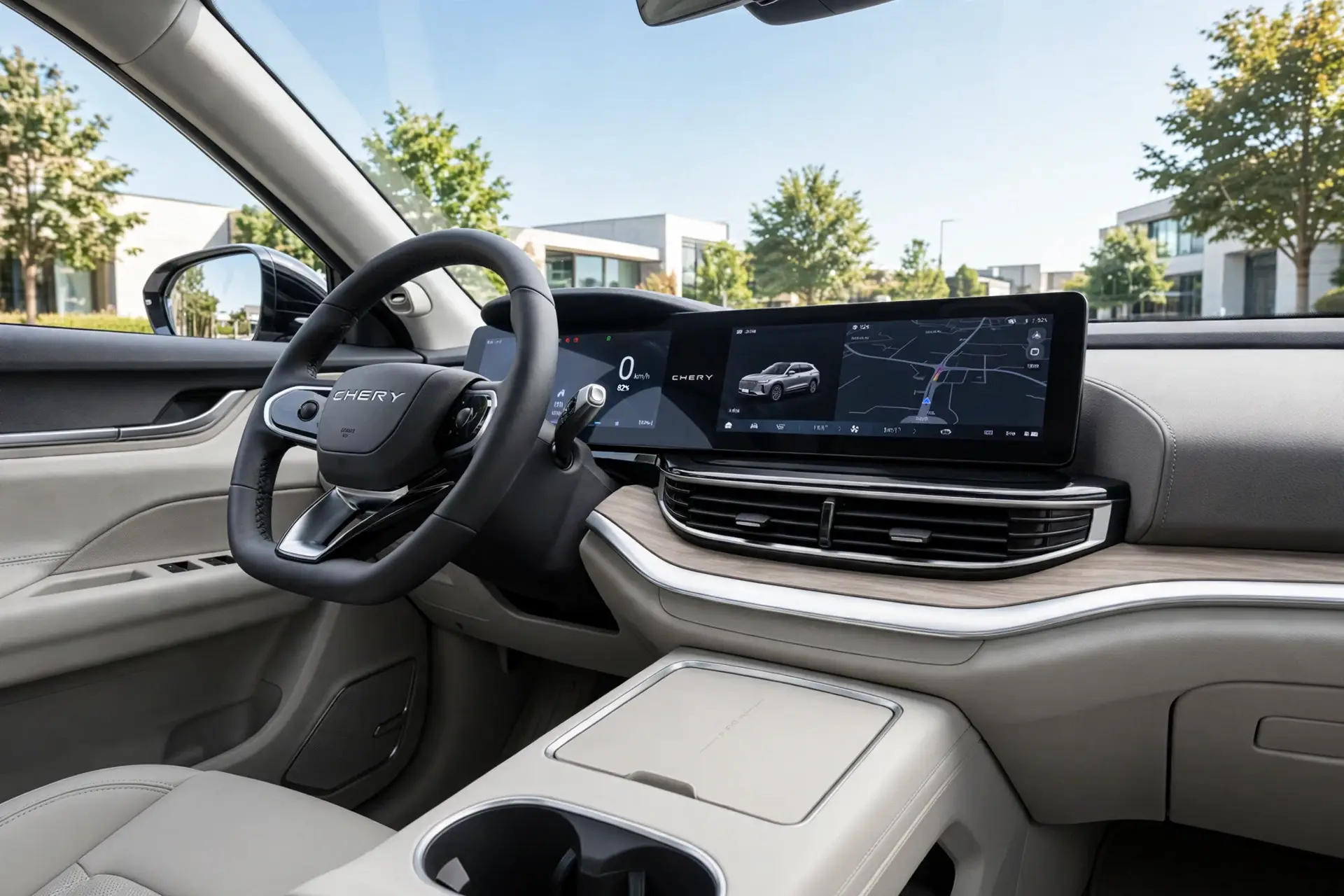 Interior del Chery eQ7 con pantalla envolvente