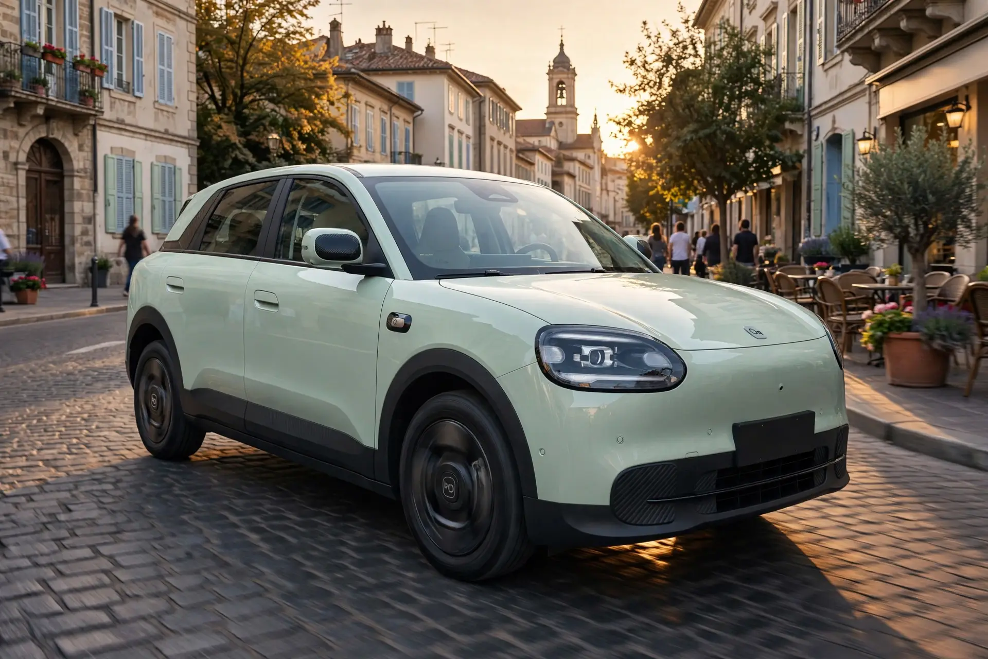 Chery Q eléctrico, tres cuartos delantero en ciudad