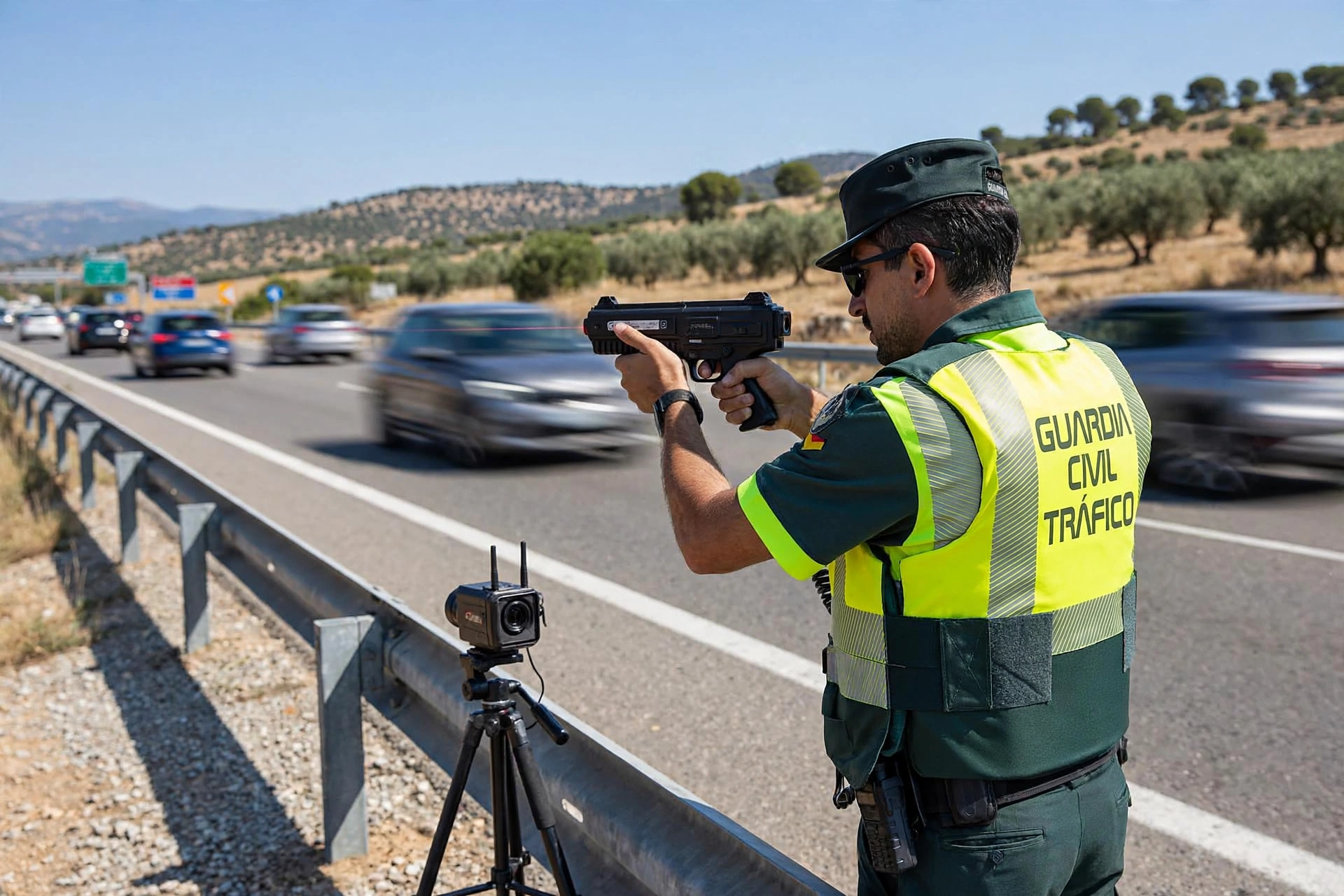 Agente de la Guardia Civil de Tráfico apuntando con una pistola láser a los coches en una autovía española width=1920 height=1280