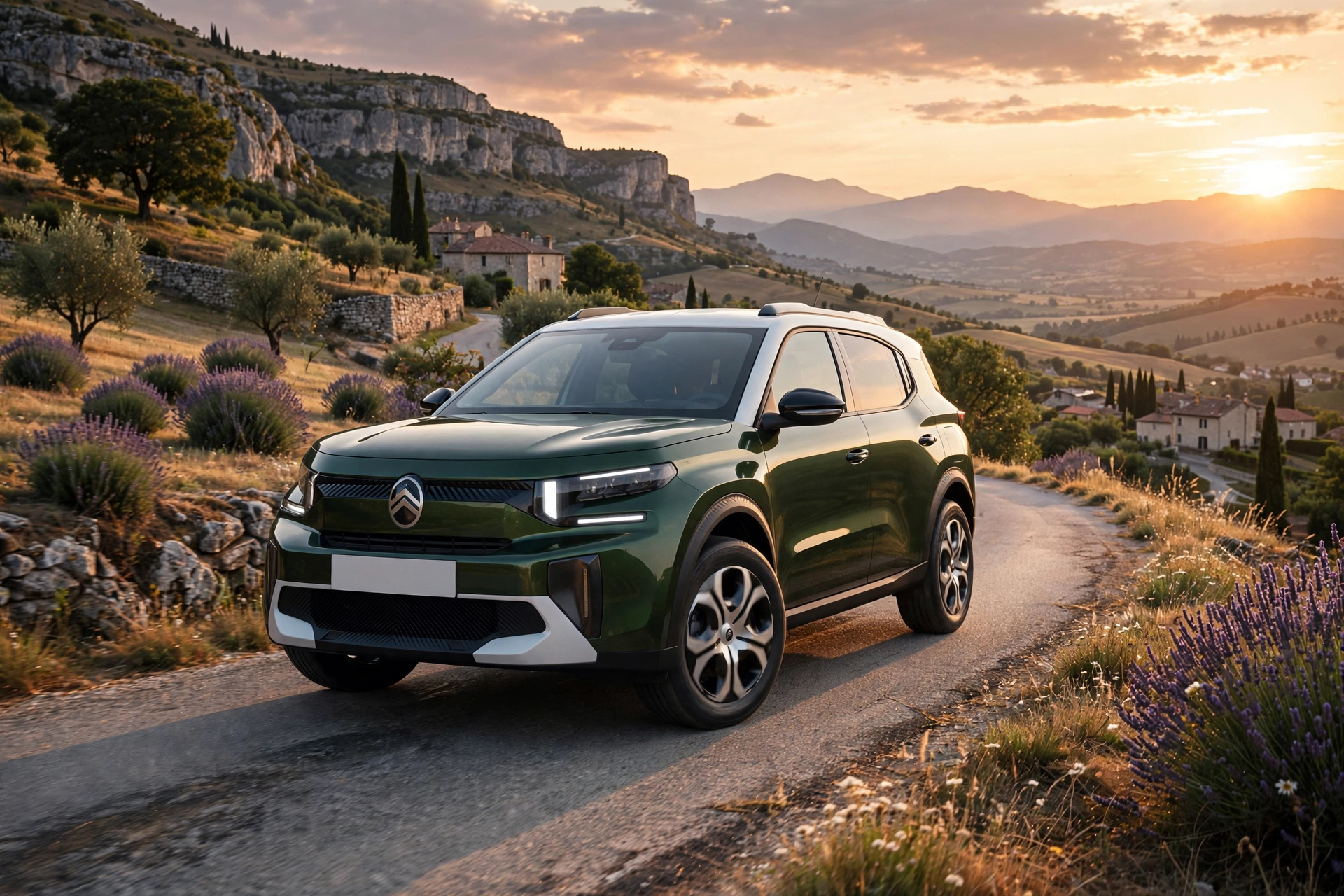 Citroën C3 Aircross Hybrid 145 verde circulando por una carretera de montaña al atardecer