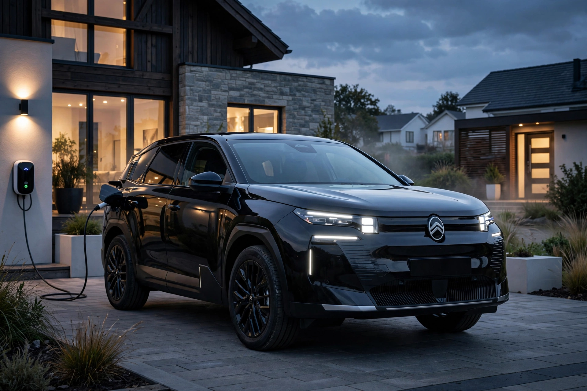 Citroën C5 Aircross Plug-in Hybrid negro cargando en casa al atardecer
