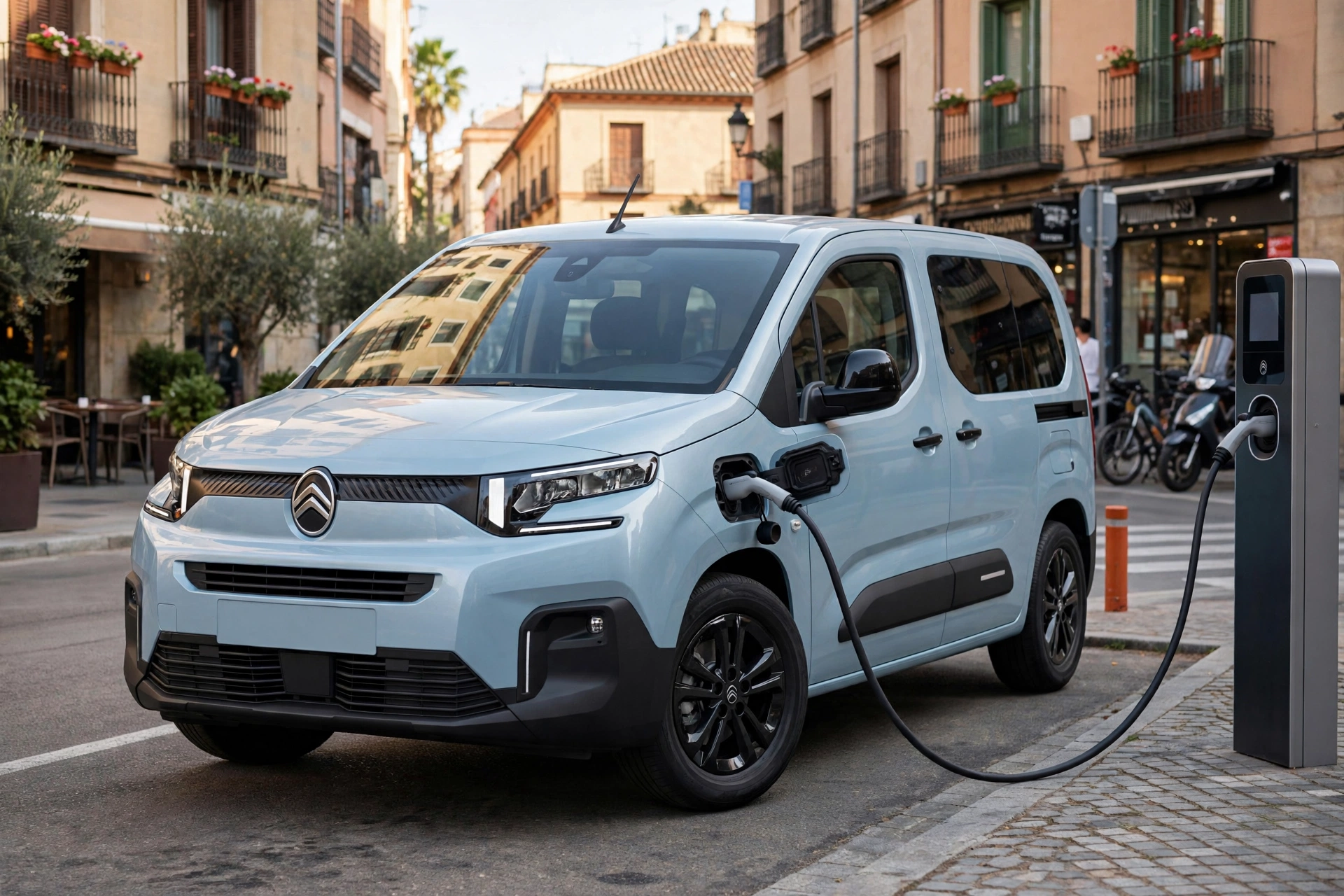 Citroën ë-Berlingo eléctrico azul cargando en una estación de una ciudad española