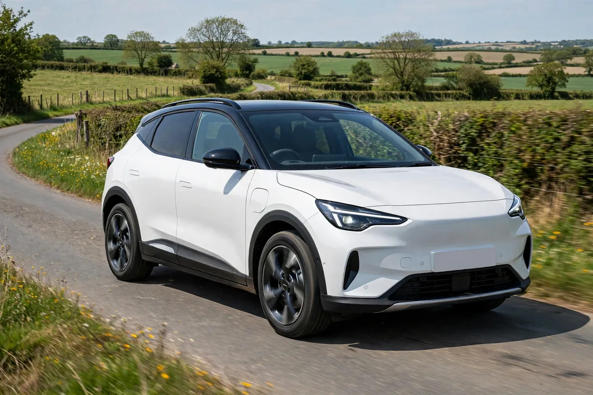 Citroën ë-C3 Aircross blanco circulando por una carretera rural