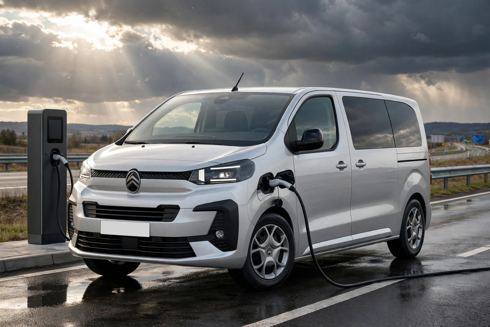 Citroën ë-SpaceTourer eléctrico plateado en un cargador rápido de autopista
