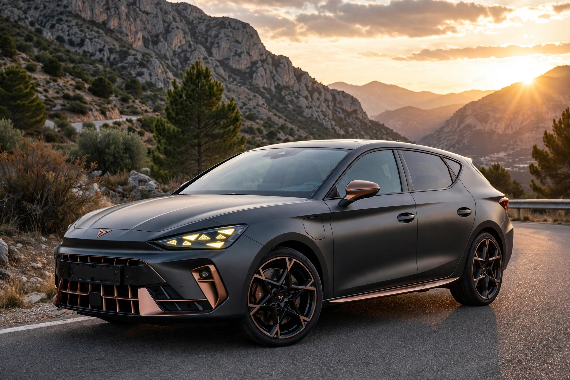 Cupra León 2025 gris mate con detalles en cobre al atardecer en una carretera de montaña española