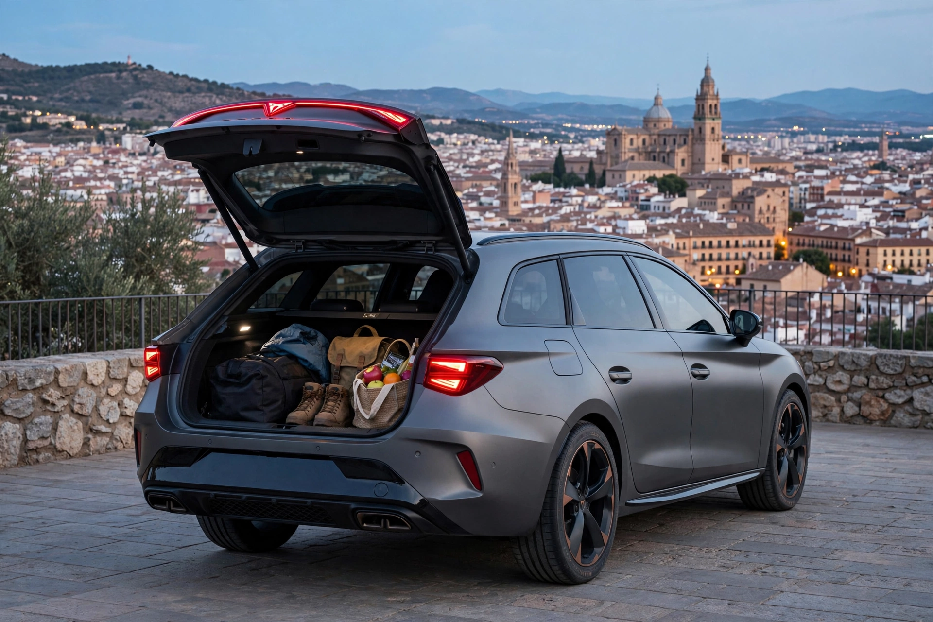 Cupra León Sportstourer 2025 gris, tres cuartos trasero con el portón del maletero abierto