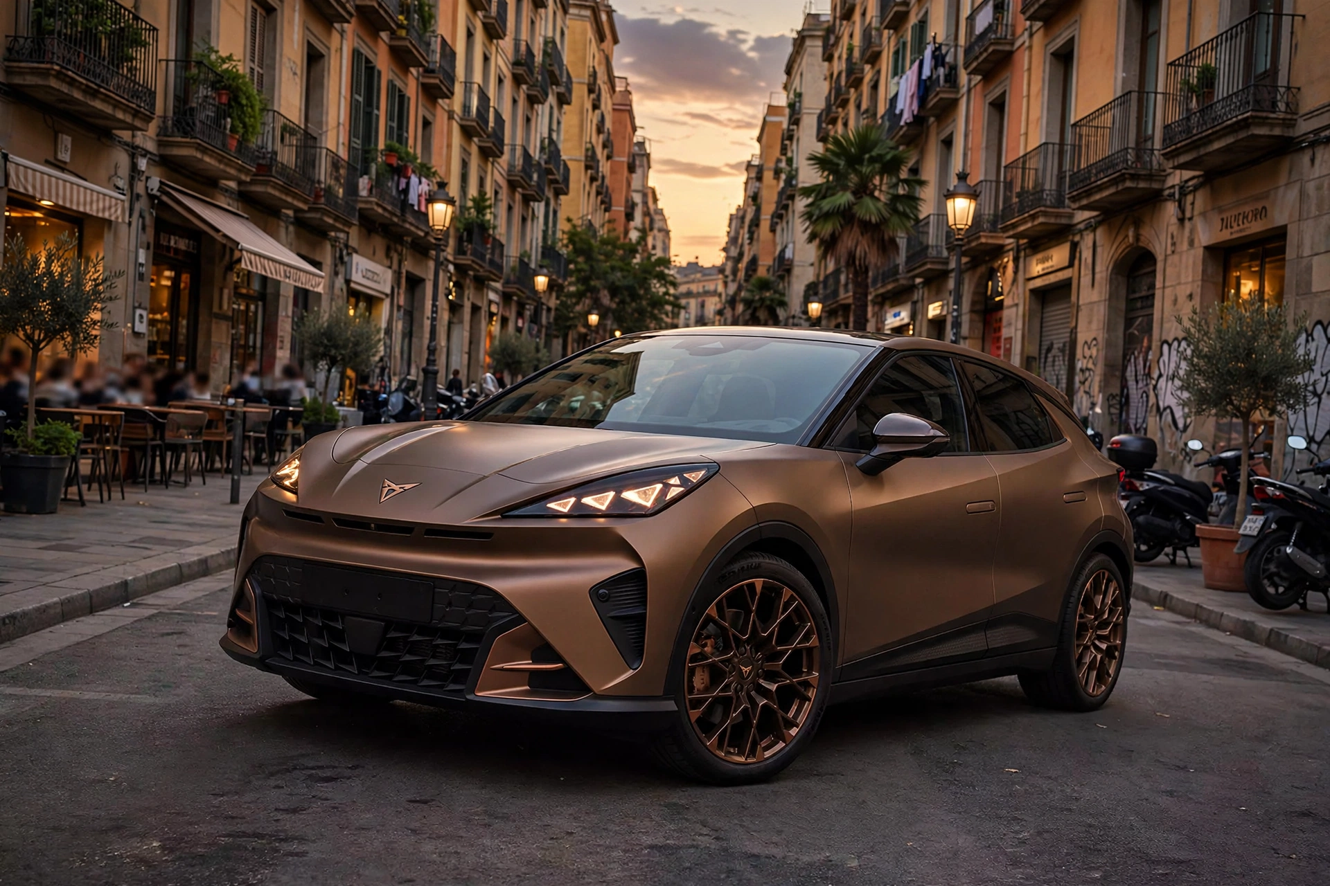 Cupra Raval 2026 color bronce mate en las calles del barrio del Raval en Barcelona al atardecer