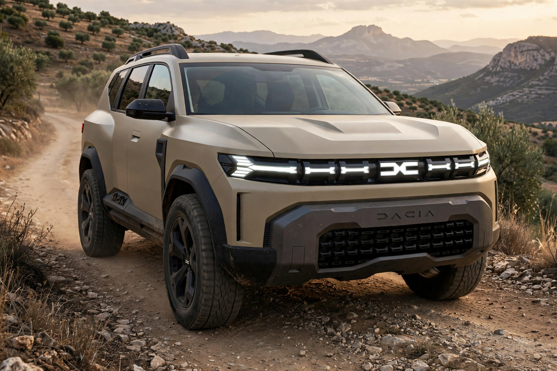 SUV familiar Dacia Bigster color arena con protecciones robustas en una pista de montaña española