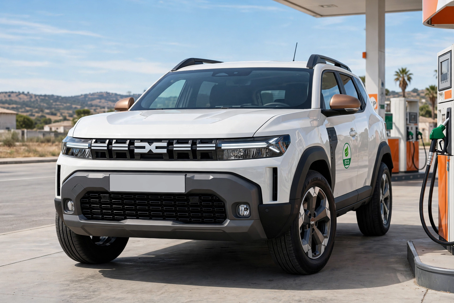 Dacia Duster ECO-G 100 2025 en azul repostando GLP en una gasolinera española
