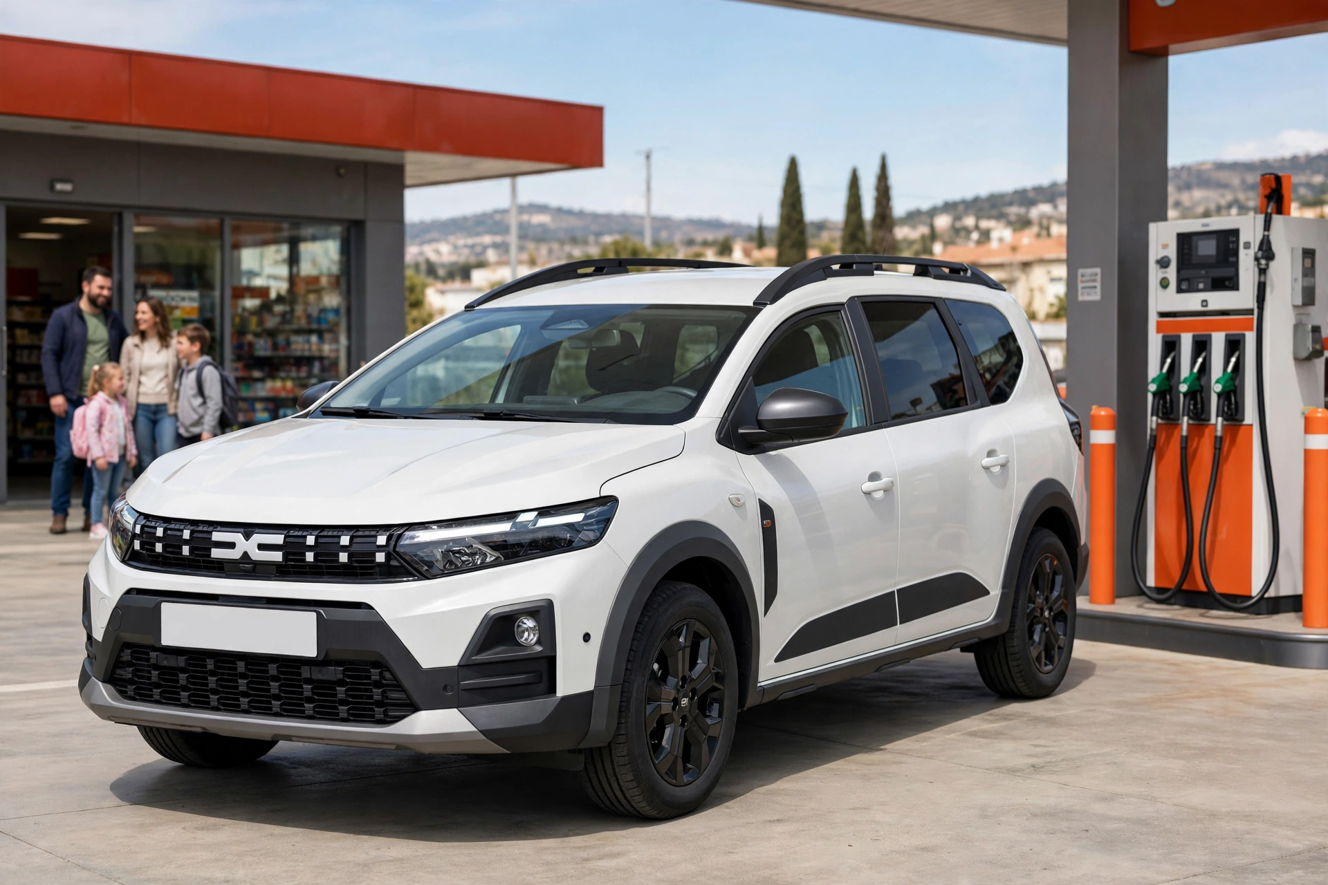 Dacia Jogger ECO-G 120 2026 en azul repostando GLP con una familia al fondo