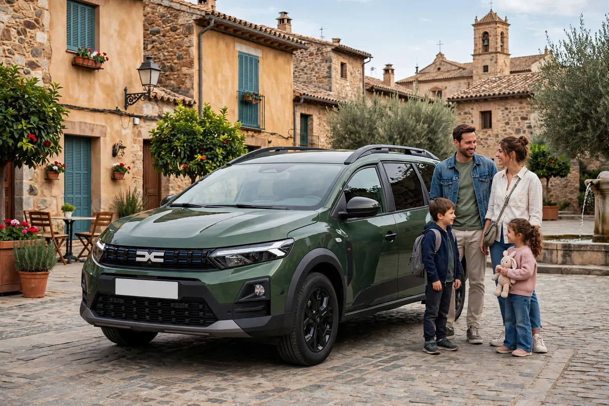 Dacia Jogger Hybrid 140 7 plazas 2025 en azul, tres cuartos delantero en carretera