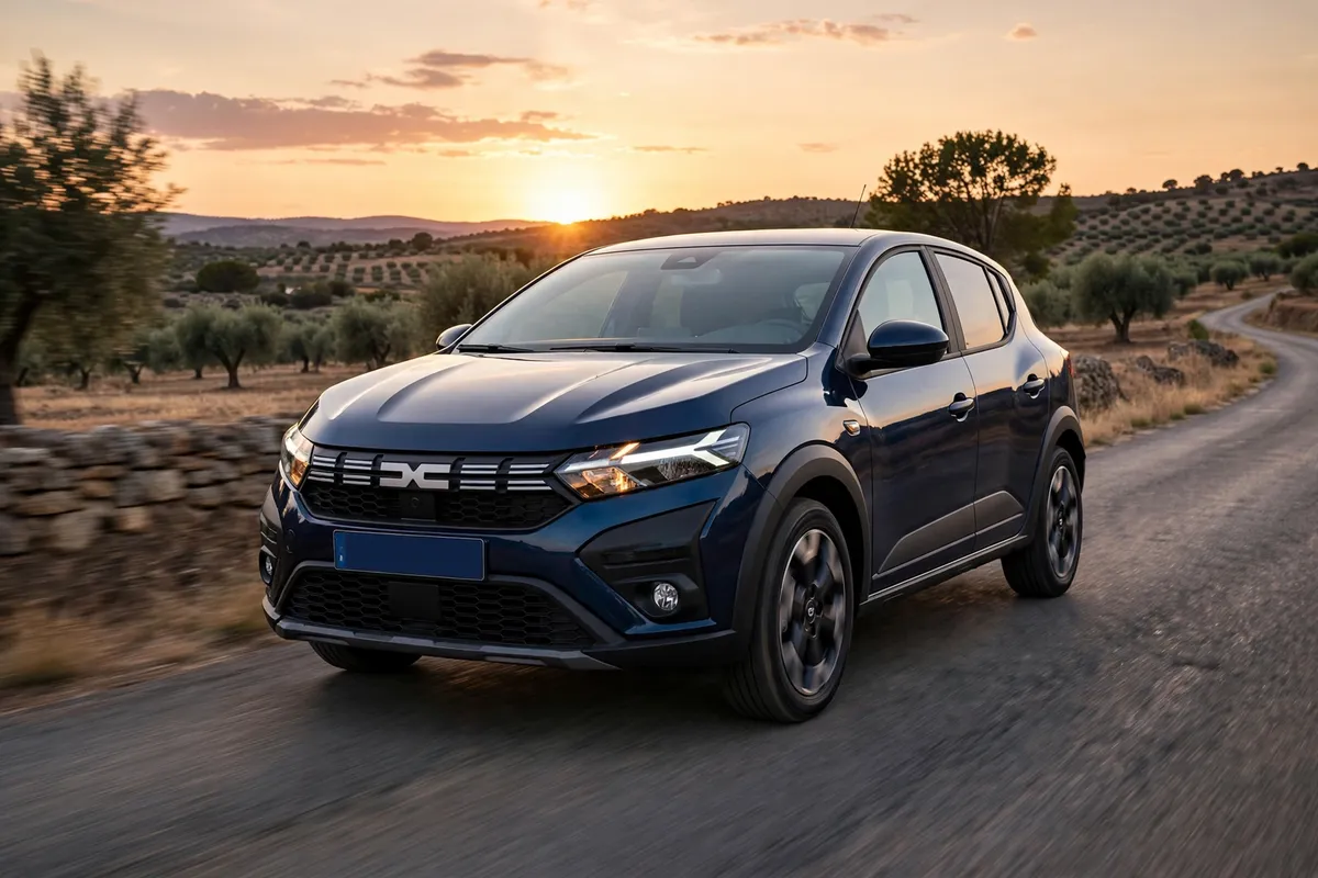 Dacia Sandero azul circulando por una carretera española al atardecer