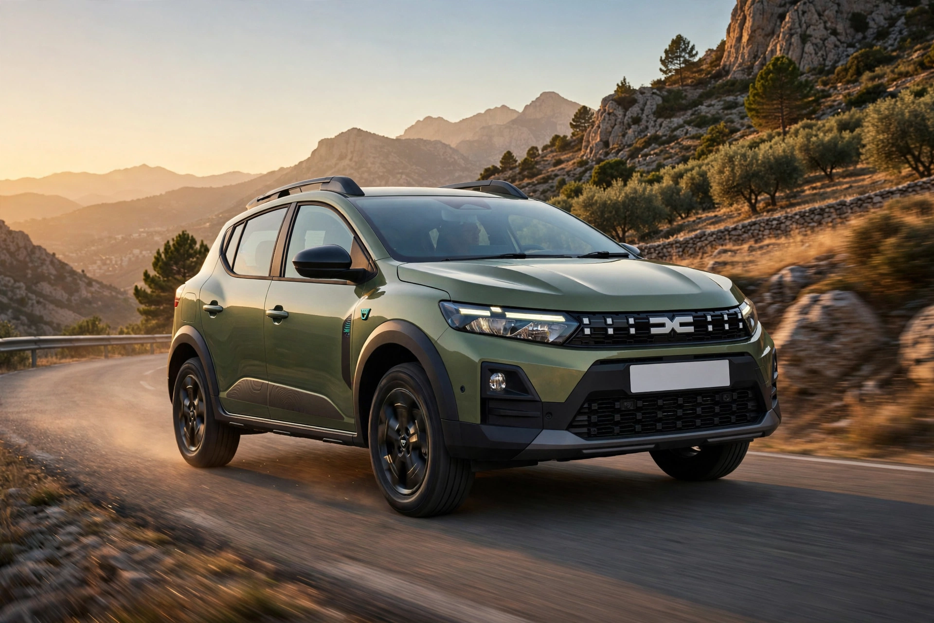 Dacia Sandero Stepway Hybrid 155 2026 en gris pizarra en una rotonda urbana española