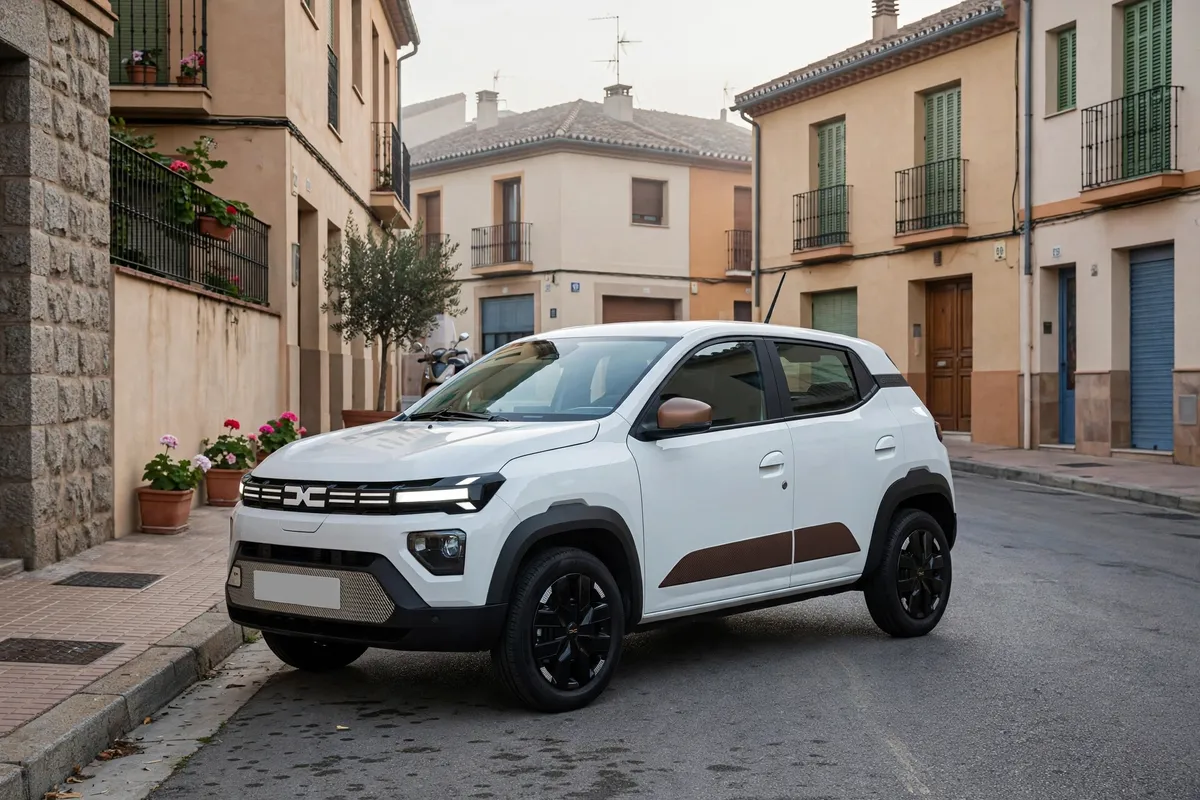 Dacia Spring 2026 blanco aparcado en una calle residencial española