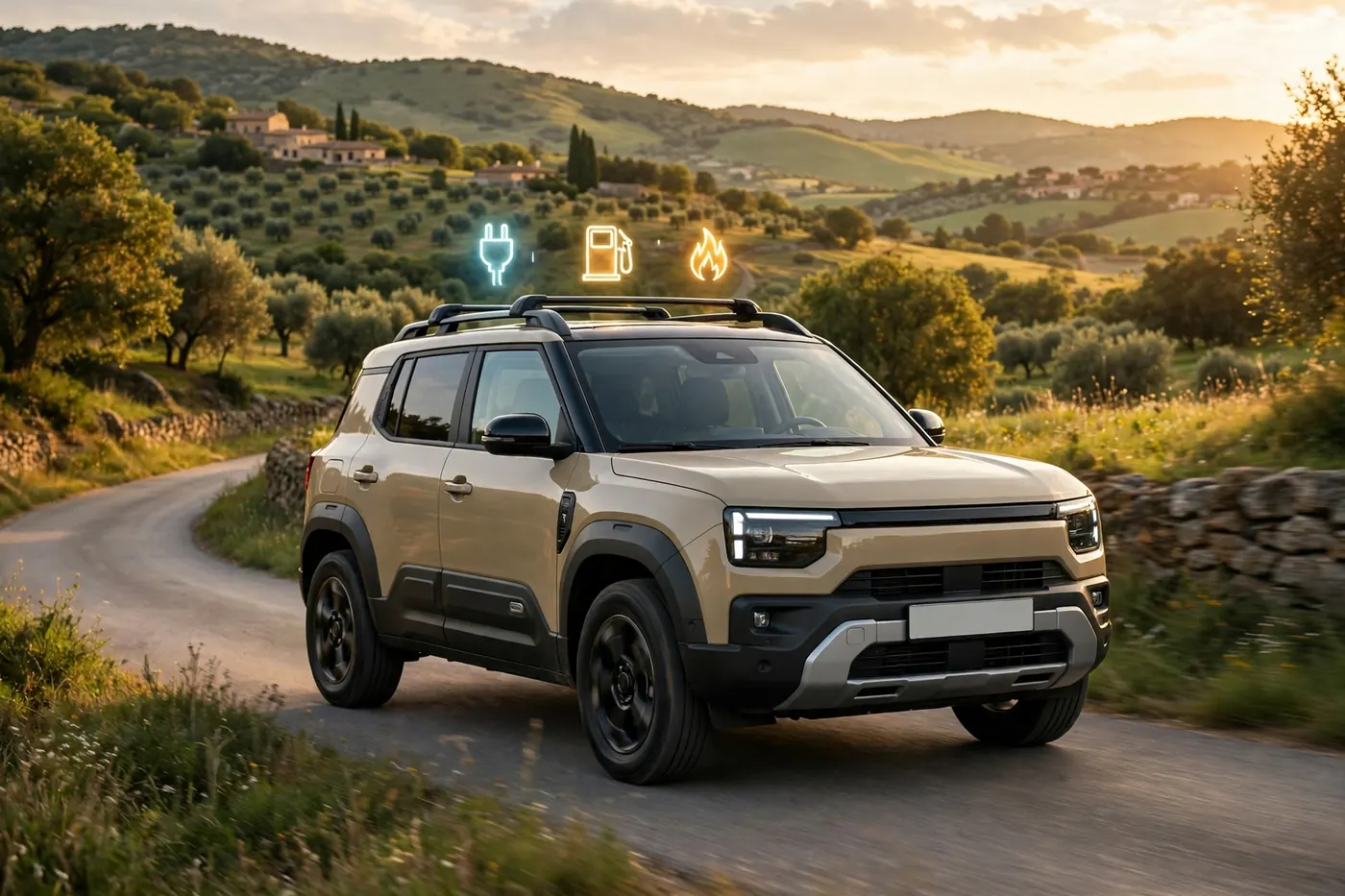 SUV Dacia Tribrid 150 4x4 circulando por una carretera española al atardecer con iconos de electricidad, gasolina y GLP
