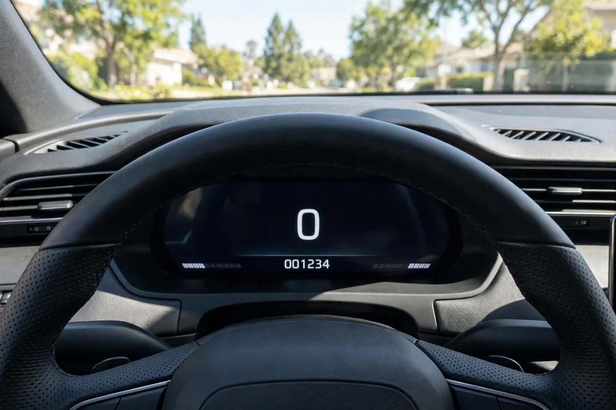 Cuentakilómetros digital de un coche moderno a plena luz del día