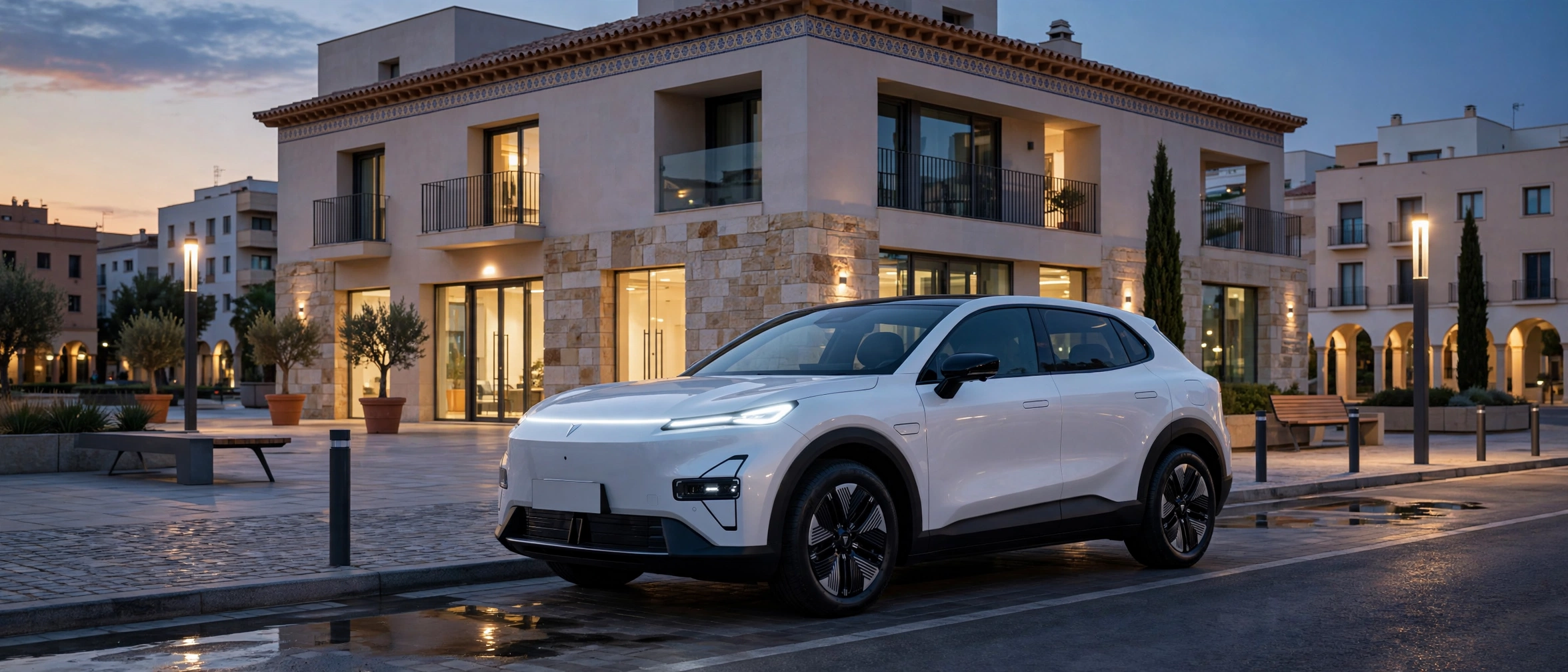 Deepal S05 AWD blanco aparcado al atardecer en una ciudad española