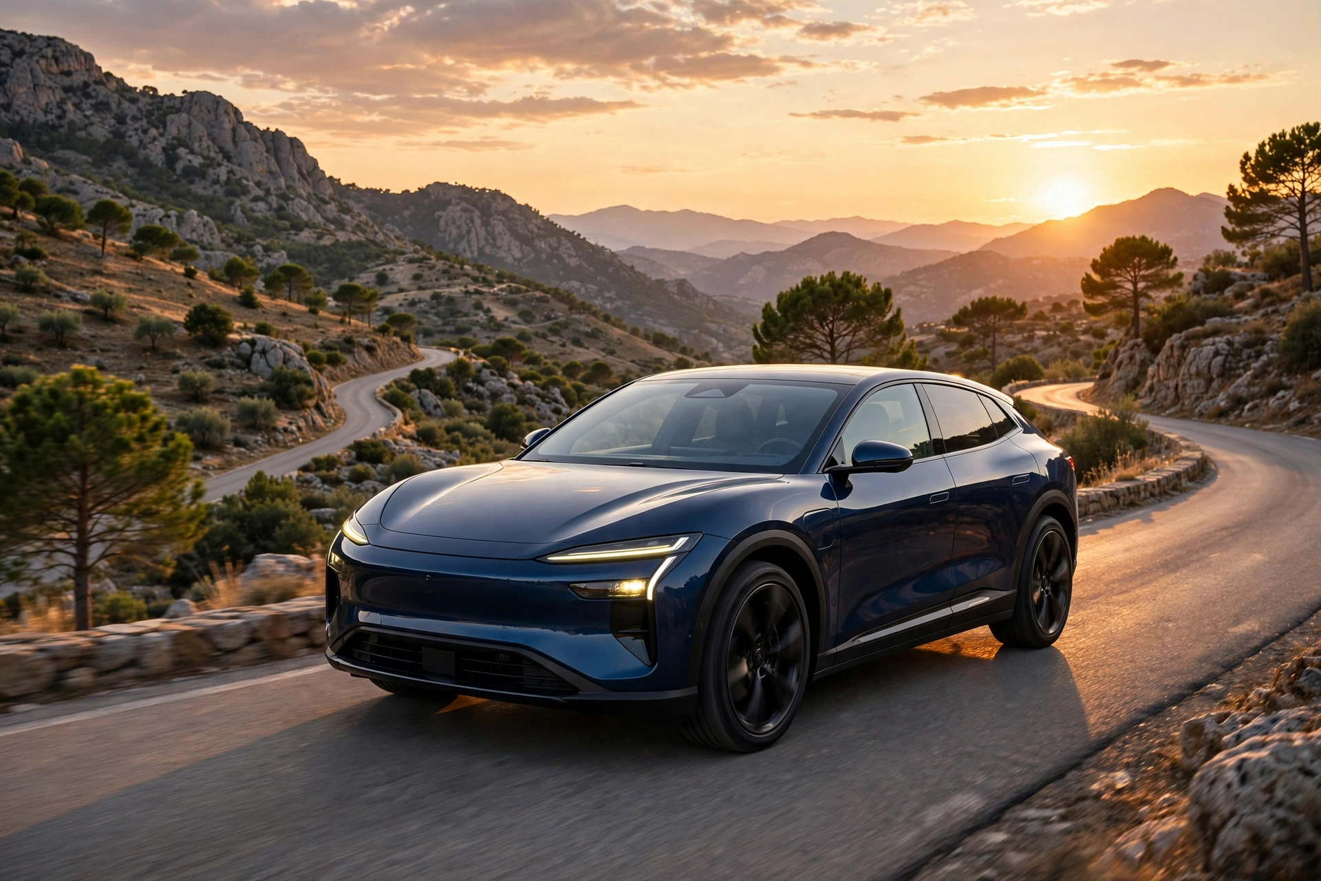 SUV eléctrico azul oscuro circulando por una carretera de montaña española al atardecer