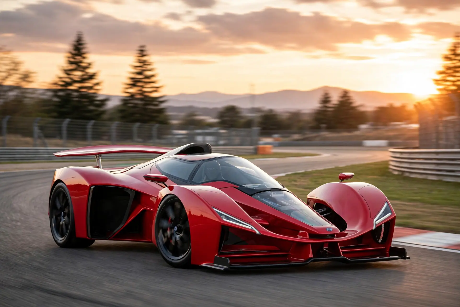 Delage D12 Club rojo en circuito al atardecer