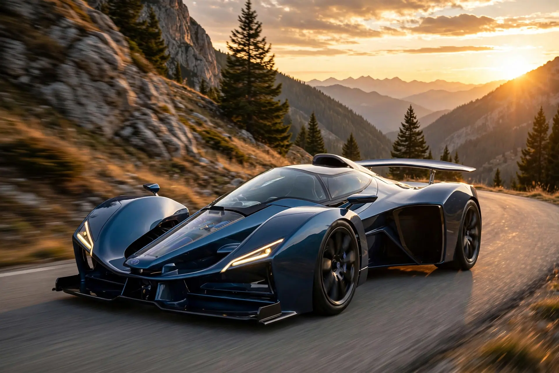 Delage D12 GT azul en carretera de montaña al atardecer