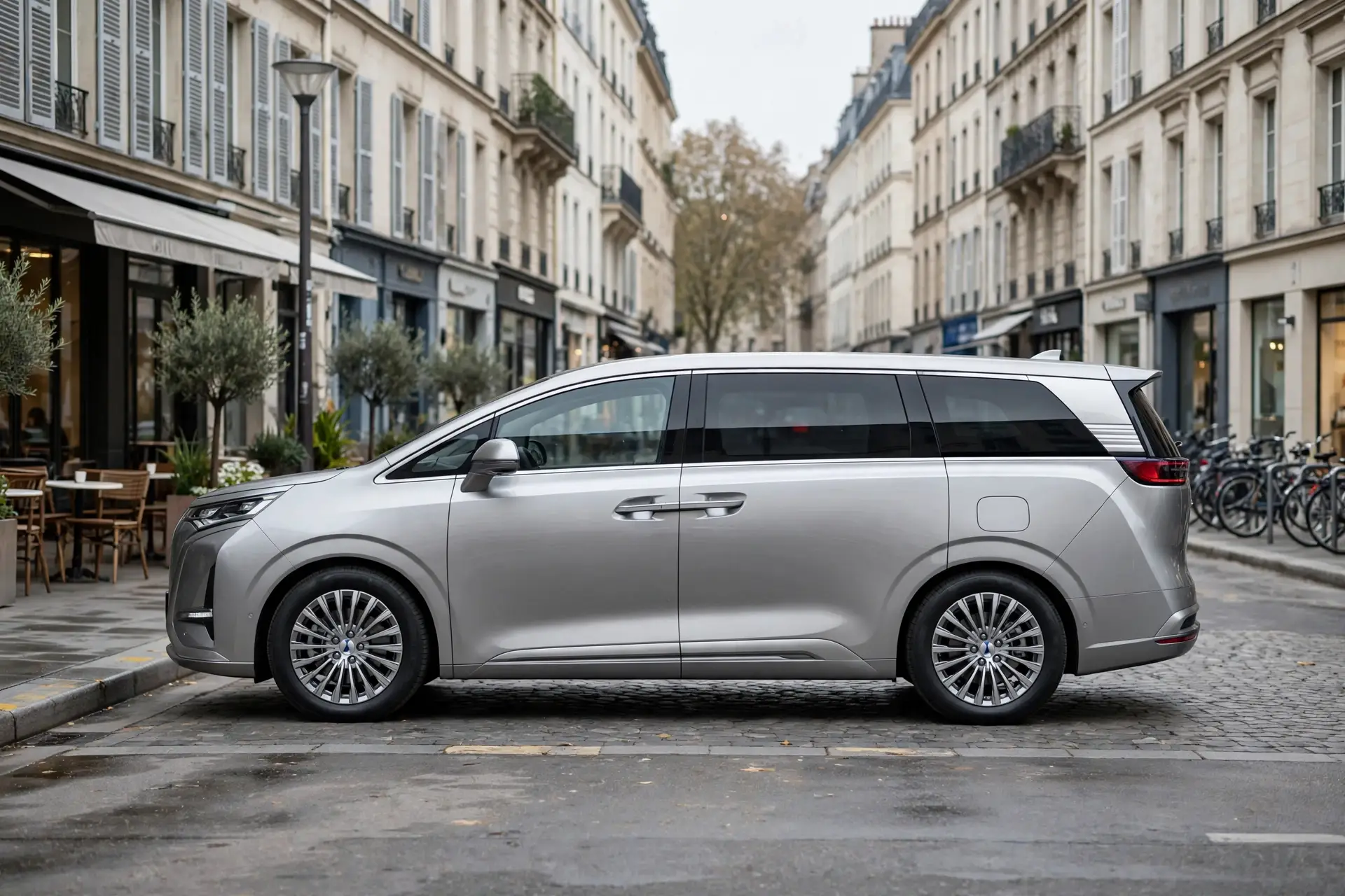 Denza D9 EV, vista lateral en calle europea