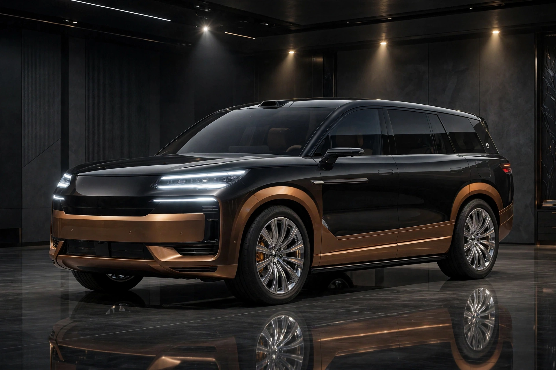 SUV premium Denza N9 de BYD en negro y bronce en un garaje de lujo con iluminación de focos