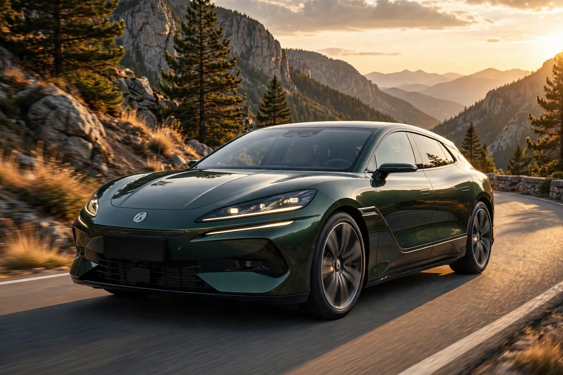 Denza Z9 GT DM, tres cuartos delantero en carretera de montaña
