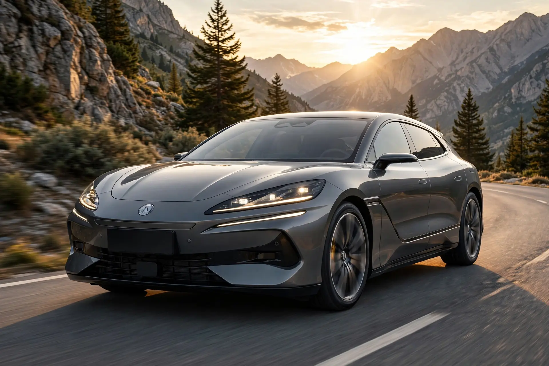 Denza Z9 GT EV, tres cuartos delantero en carretera de montaña