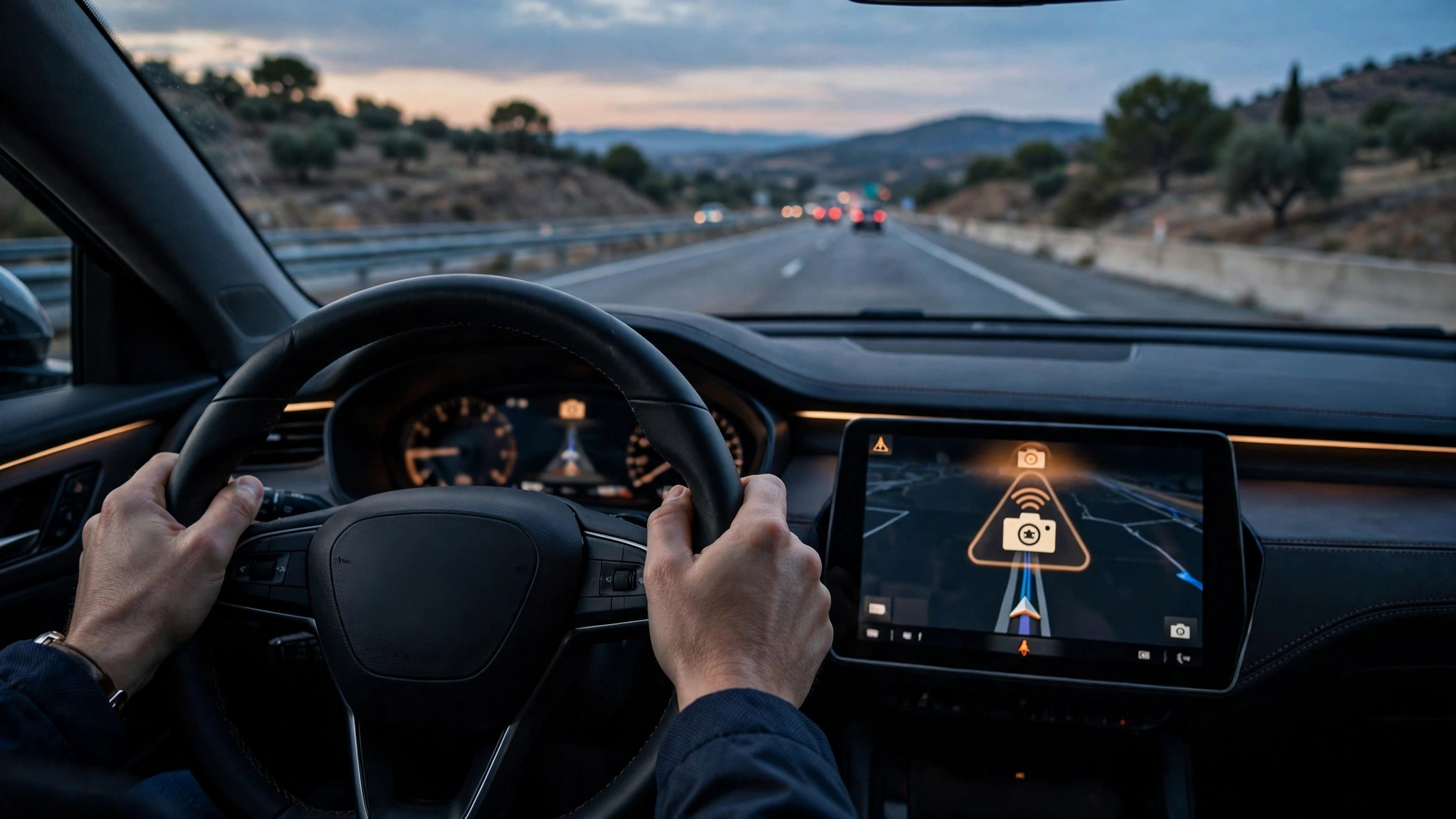 GPS del coche avisando de un radar de velocidad en una autovía española