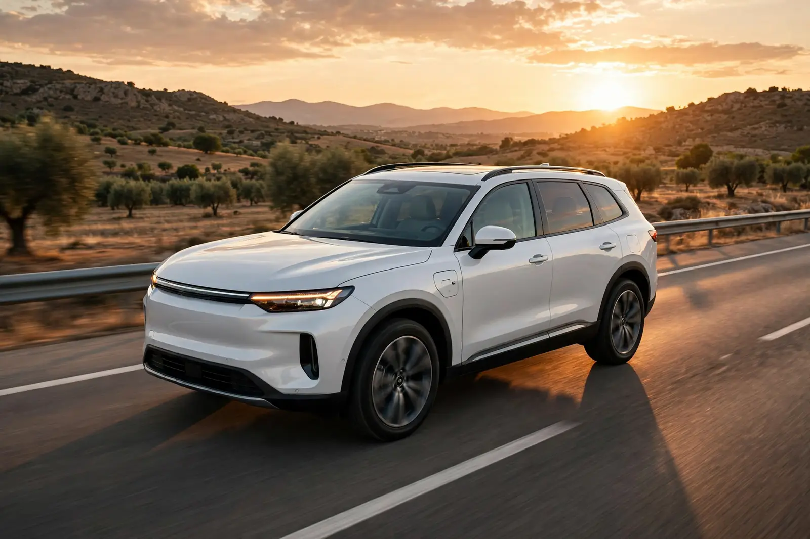 Gran SUV familiar híbrido enchufable blanco perla de 7 plazas circulando por una autopista española al atardecer