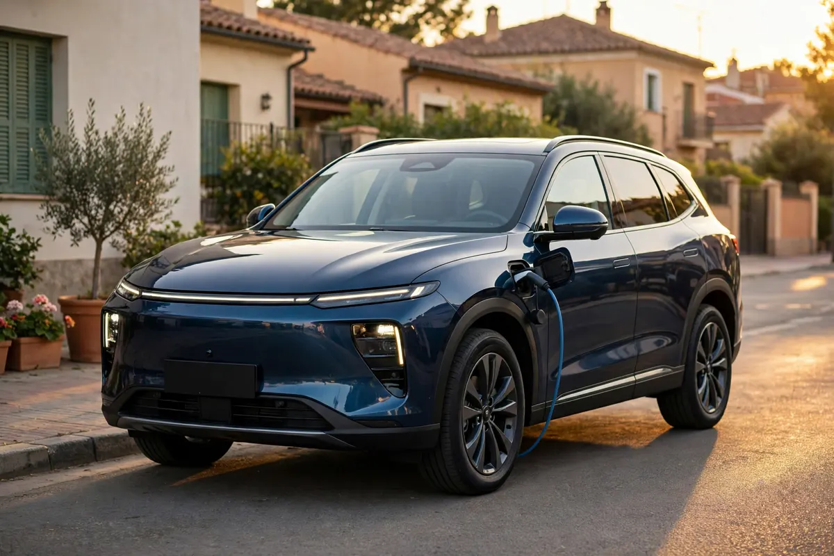 DFSK E5 Plus azul oscuro, SUV híbrido enchufable de 7 plazas, tres cuartos frontal en calle española