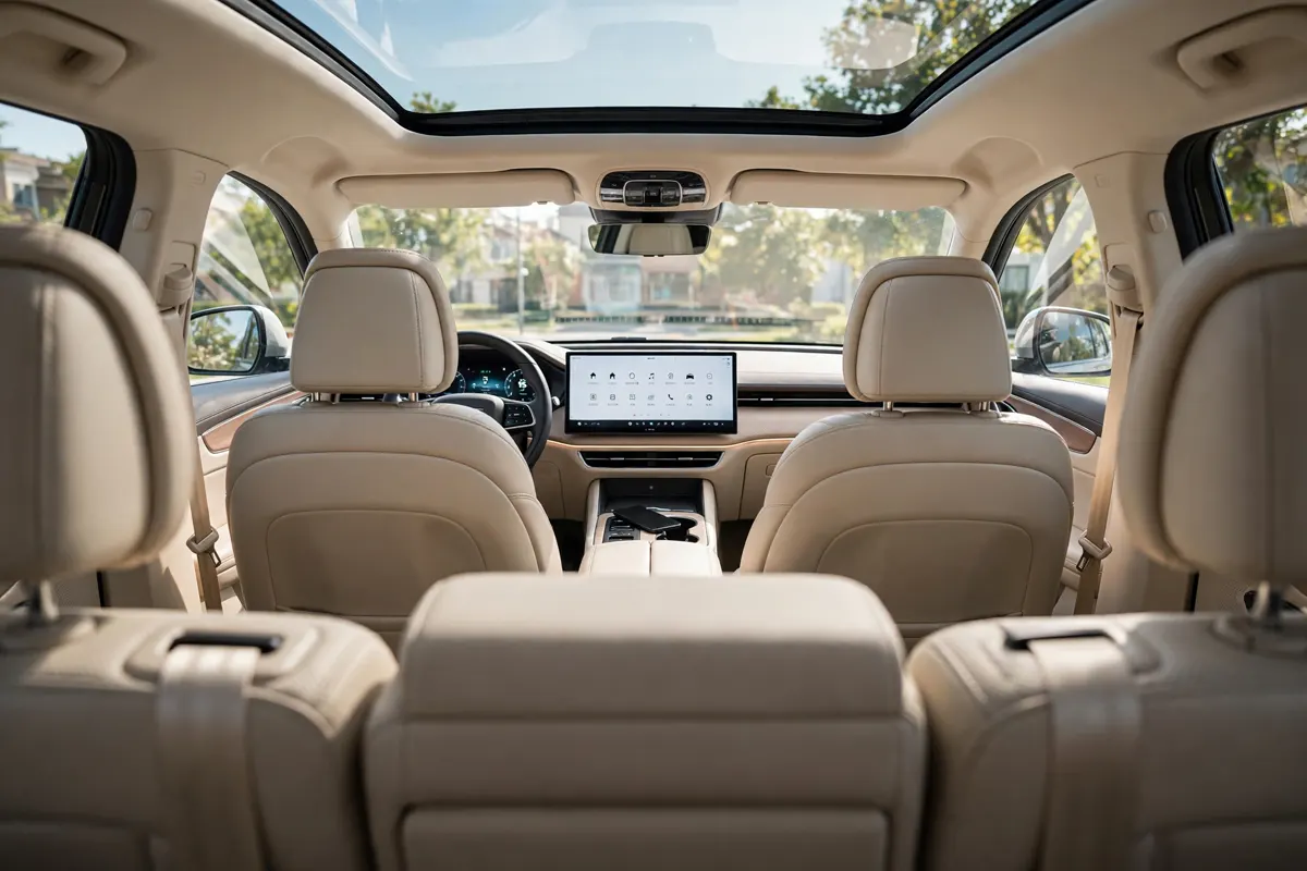 Interior del DFSK E5 Plus con pantalla de 15,6 pulgadas y asientos de cuero