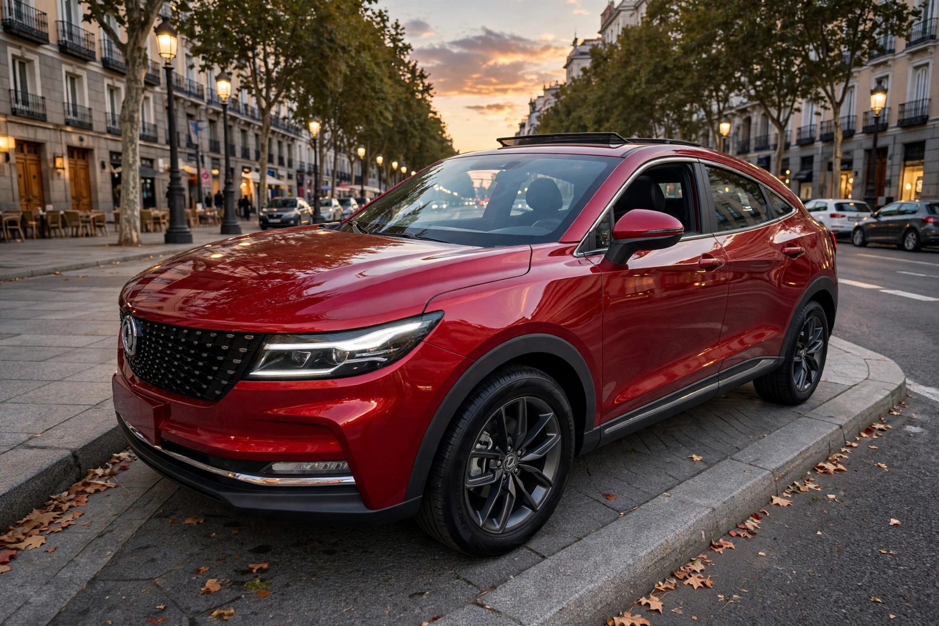 DFSK F5 rojo metalizado, SUV coupé chino, vista tres cuartos frontal en una avenida de Madrid al atardecer