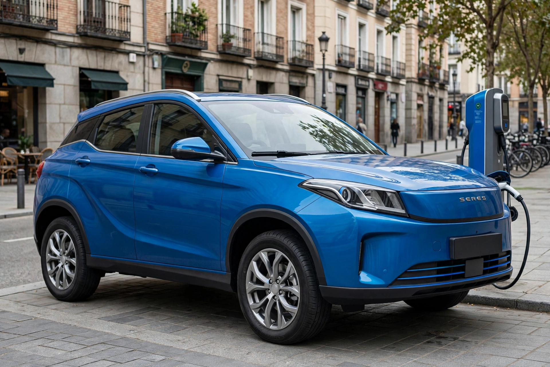 Seres 3 azul eléctrico, SUV eléctrico compacto chino, junto a un punto de recarga en Madrid