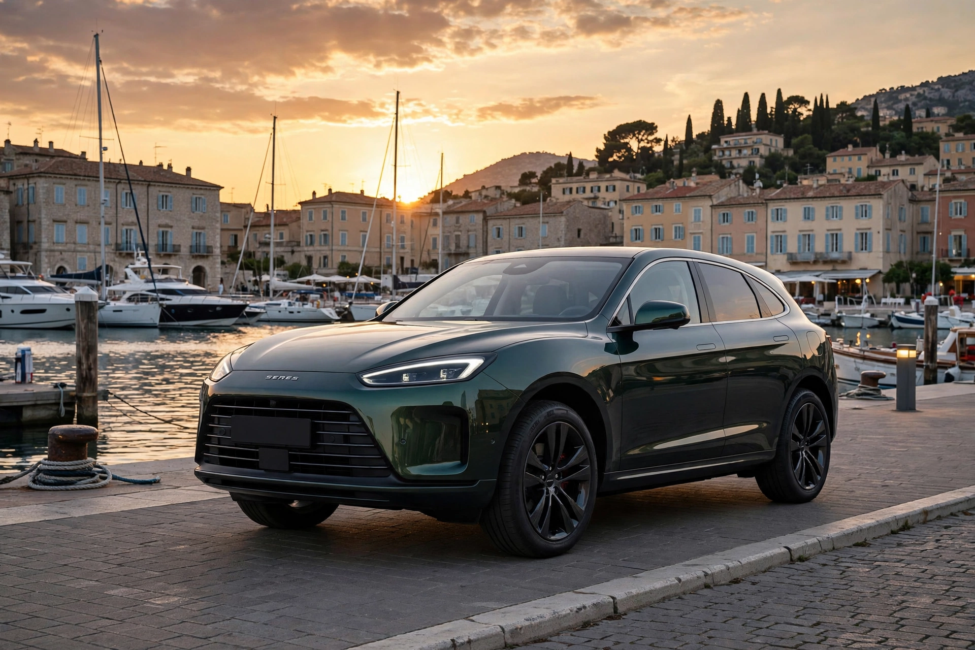 Seres 5 verde oscuro metalizado, SUV eléctrico premium chino, vista tres cuartos frontal en un puerto deportivo al atardecer