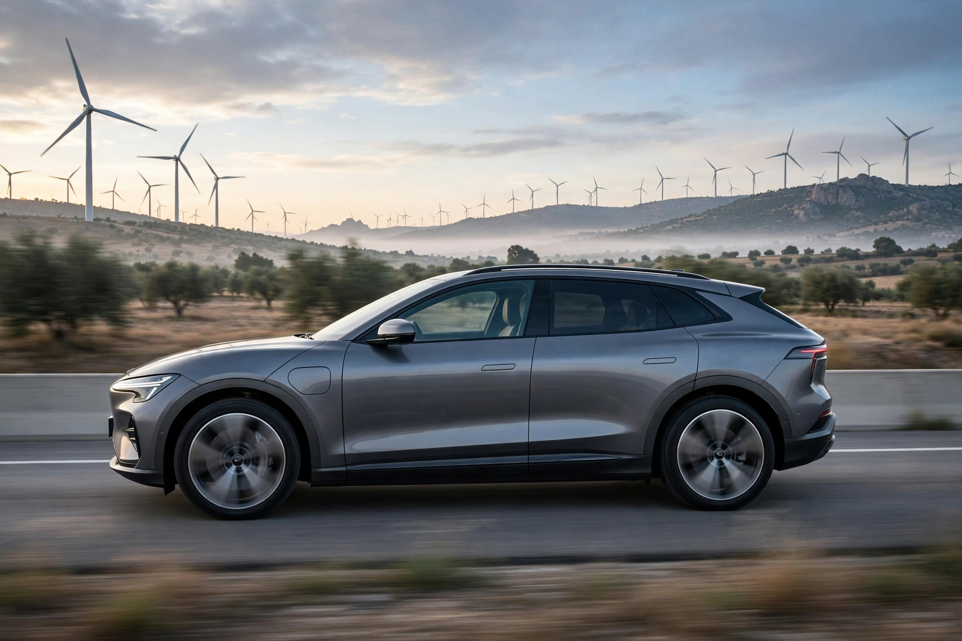 Seres 5 gris circulando por autovía española entre aerogeneradores