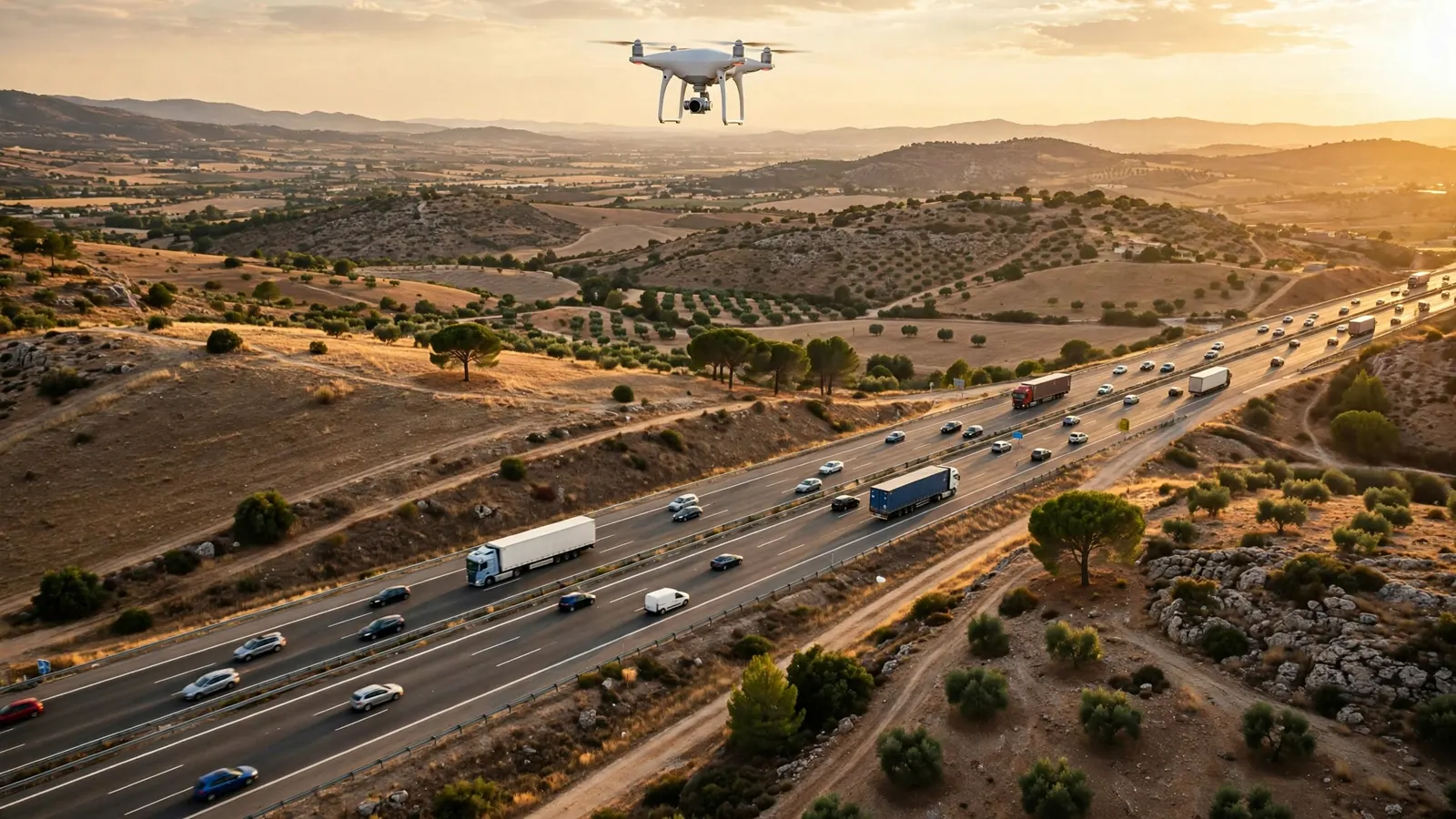 Dron de vigilancia de la DGT sobrevolando una autovía española al atardecer