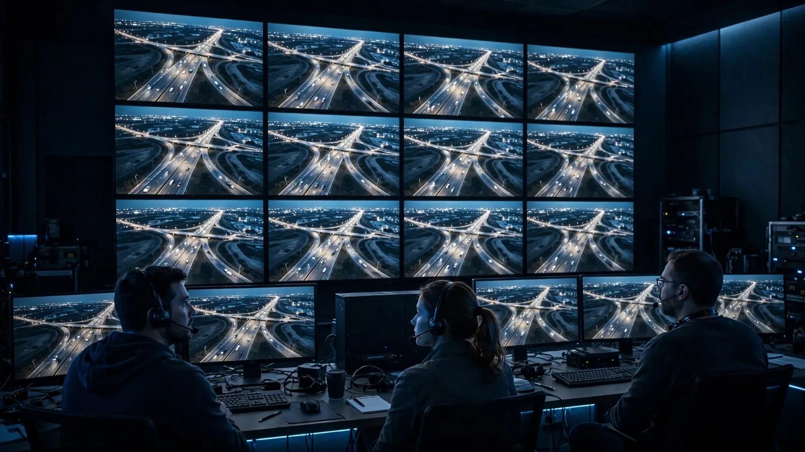 Sala de control de tráfico con operadores vigilando imágenes aéreas de drones
