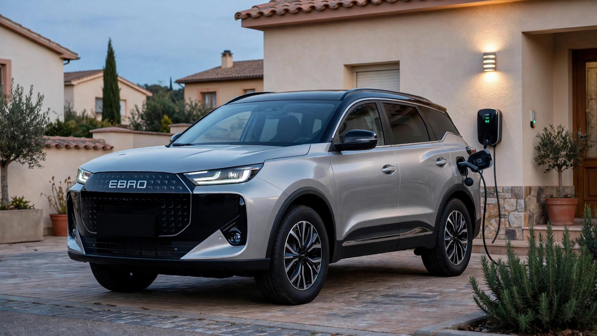 Ebro S700 PHEV gris cargando en un wallbox doméstico al atardecer