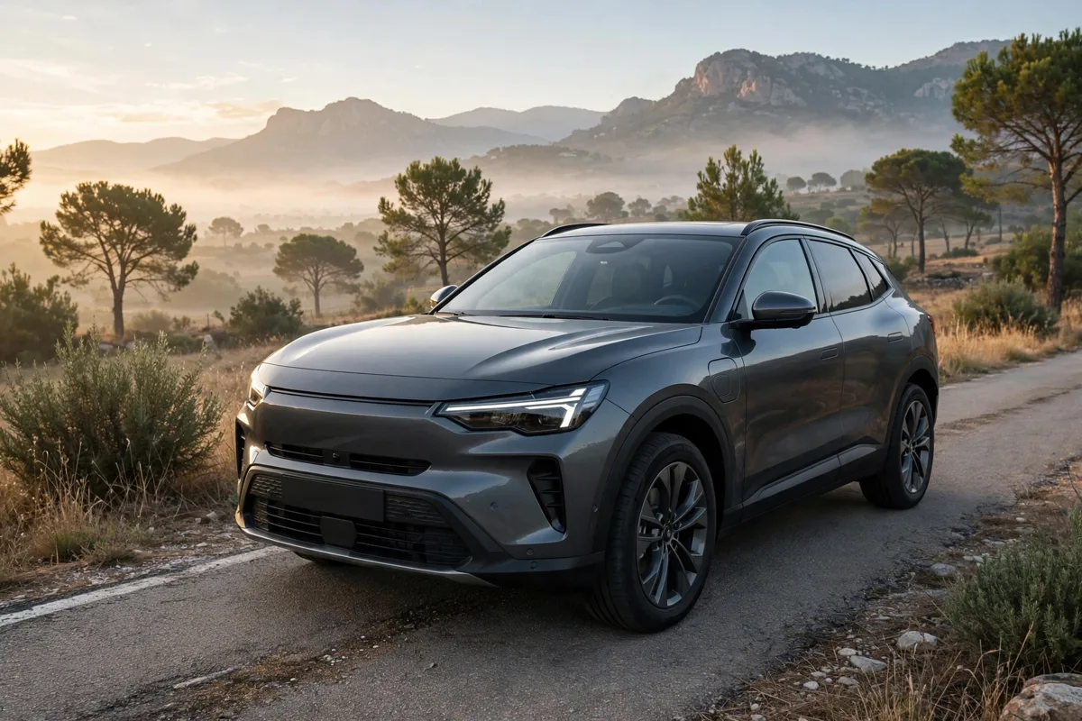 Ebro s800 PHEV 2027 gris oscuro en una carretera española al amanecer