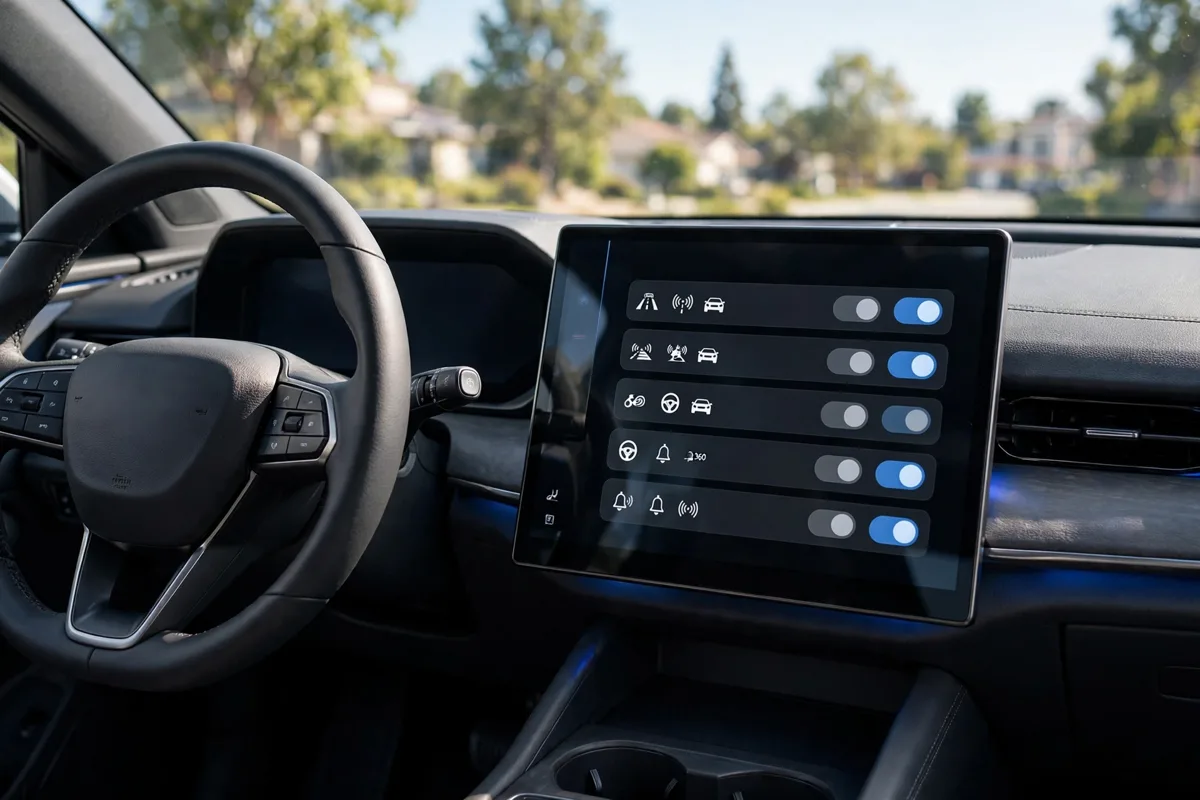 Interior del Ebro s800 PHEV 2027 con la pantalla central mostrando el menú de ayudas a la conducción